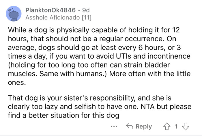 The sister is lazy and selfish and should not have a dog.