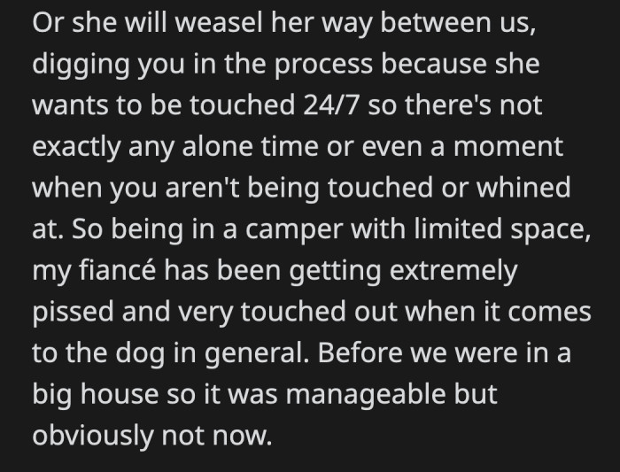 His fiancé has lost patience with the dog after three months of living in a camper