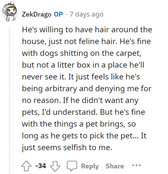 OP tries to argue that their roommate is good with the experience that a pet might bring–good or bad. They think that it is selfish to think that the other party gets to choose the pet they want to have–what about OP?
