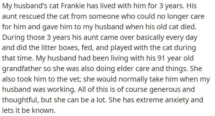 Frankie, a beloved cat, found a loving home with OP's husband after being rescued by his aunt.