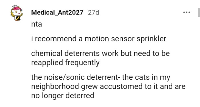 This redditor recommends a motion sensor sprinkler