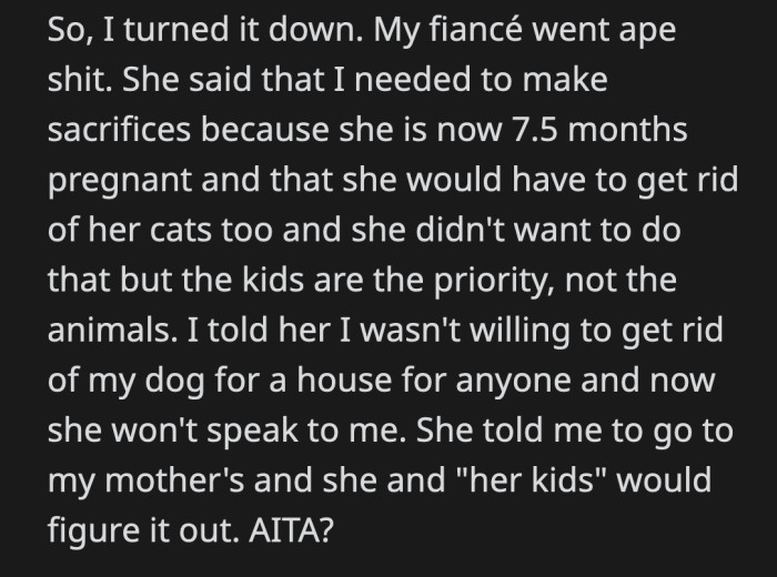 OP turned it down without consulting his fiancé and he told her he wouldn't give up his dog for anyone. OP has been told to move back in with his mom because his fiancé said she & her kids can figure it out.