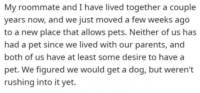 OP and their roommate have been living with each other for years now, which means that they are probably well-adjusted and know one another better than other roommates. They both wanted to have a pet and decided on a dog–no rush though!