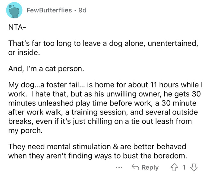 Dogs need mental stimulation, and Op's sister is not providing any of it.