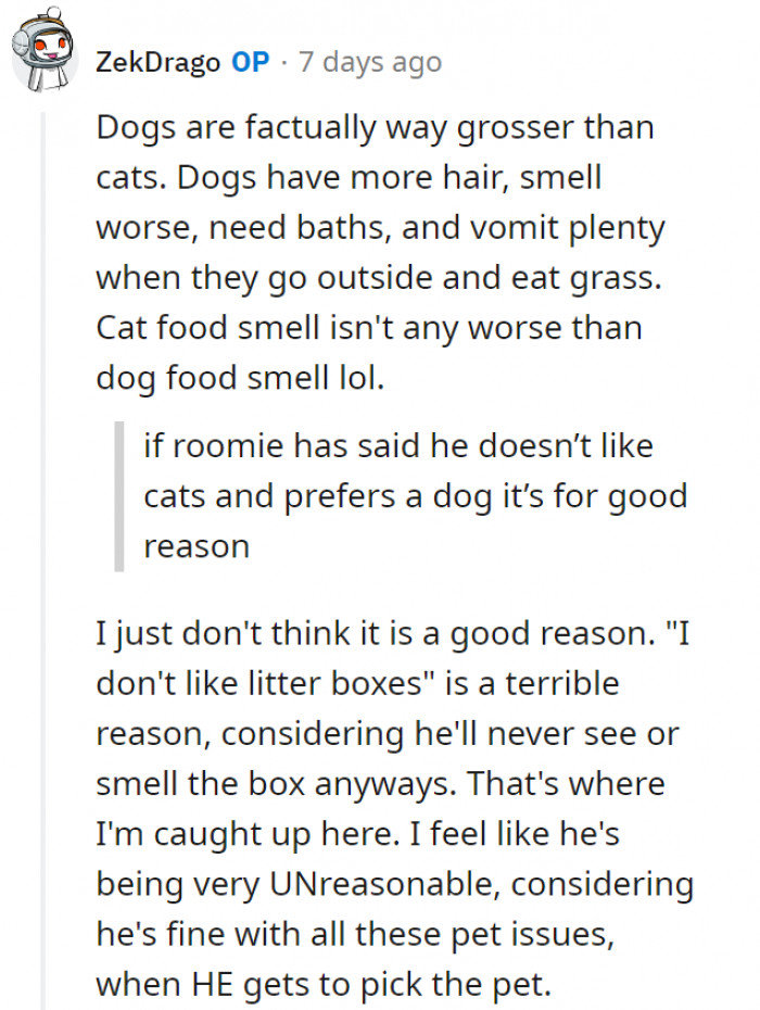 “Dogs are grosser than cats”– is this not a terrible reason?
