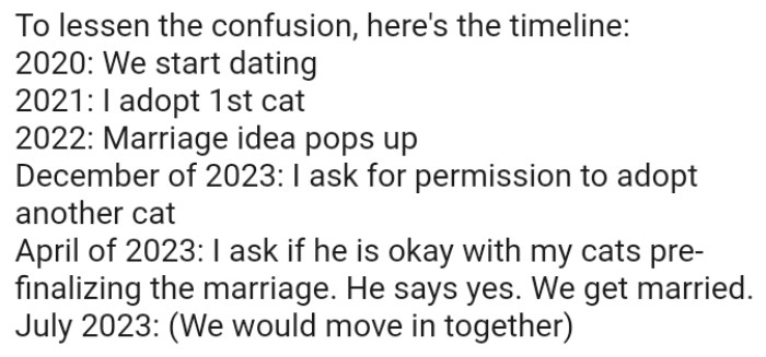 OP did ask if he was okay with her cats pre-finalizing the marriage and he said yes