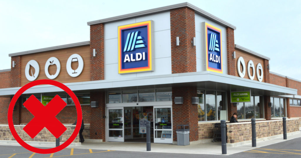 Aldi store front with red X mark overlay 
