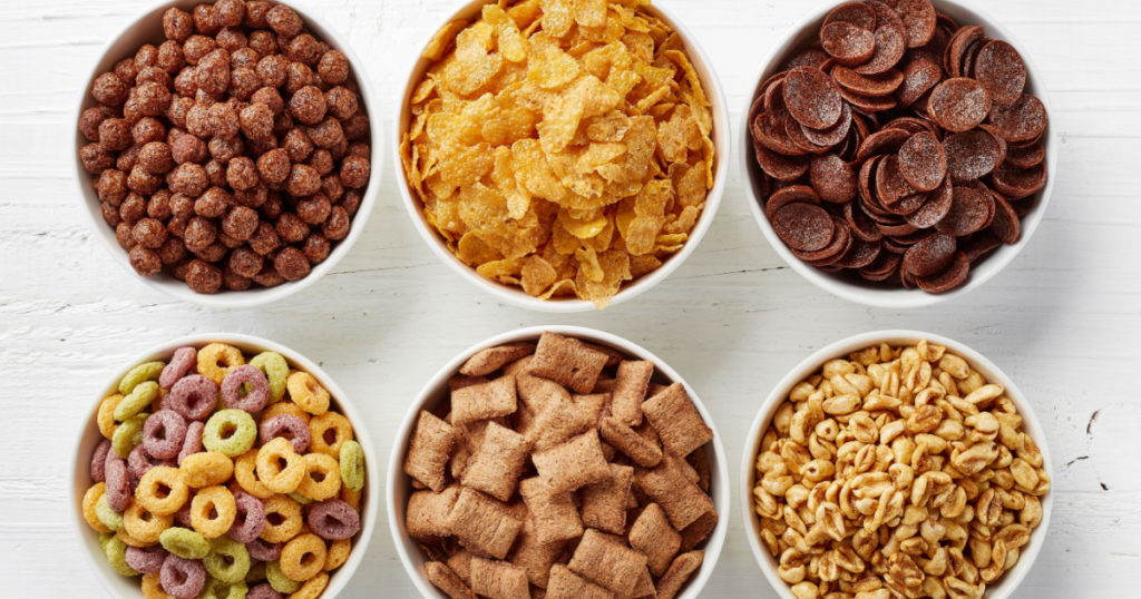 Variety of cold cereals, quick breakfast for kids overhead shot 