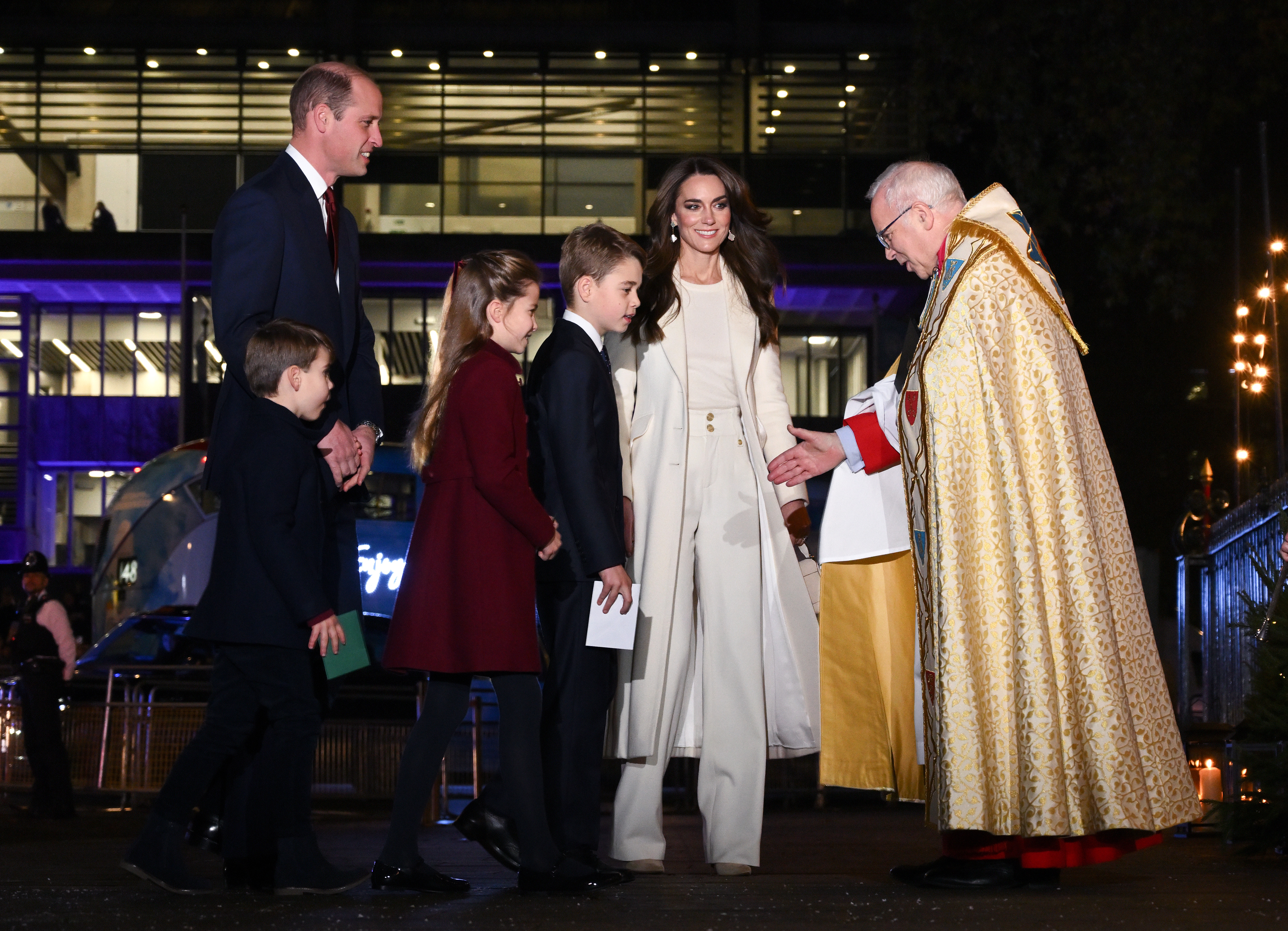 Prince William and Princess Catherine with their children Prince George, Princess Charlotte, and Prince Louis at the Royal Carols - Together At Christmas service at Westminster Abbey on December 8, 2023 in London, England | Source: Getty Images